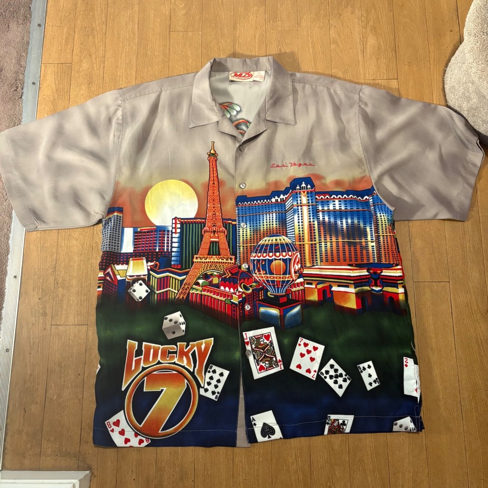 Malibu Dreams Las Vegas Showgirl Graphic Button Up Shirt Mens XL Grey Lucky 7